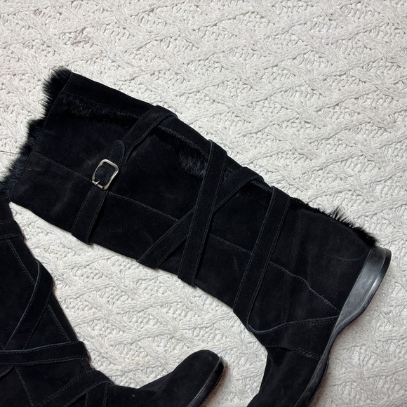 HOGAN $925 Italy Boots Suede Leather Black Solid Real Fur Trim Strappy US Sz 9.5 - Picture 6 of 11